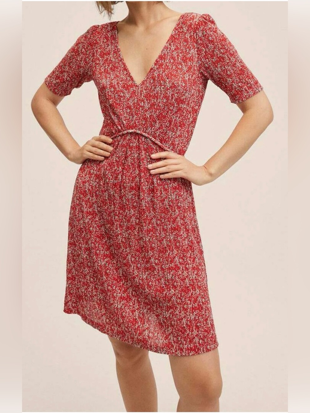 Mango Red Floral V-Neck Short Dress